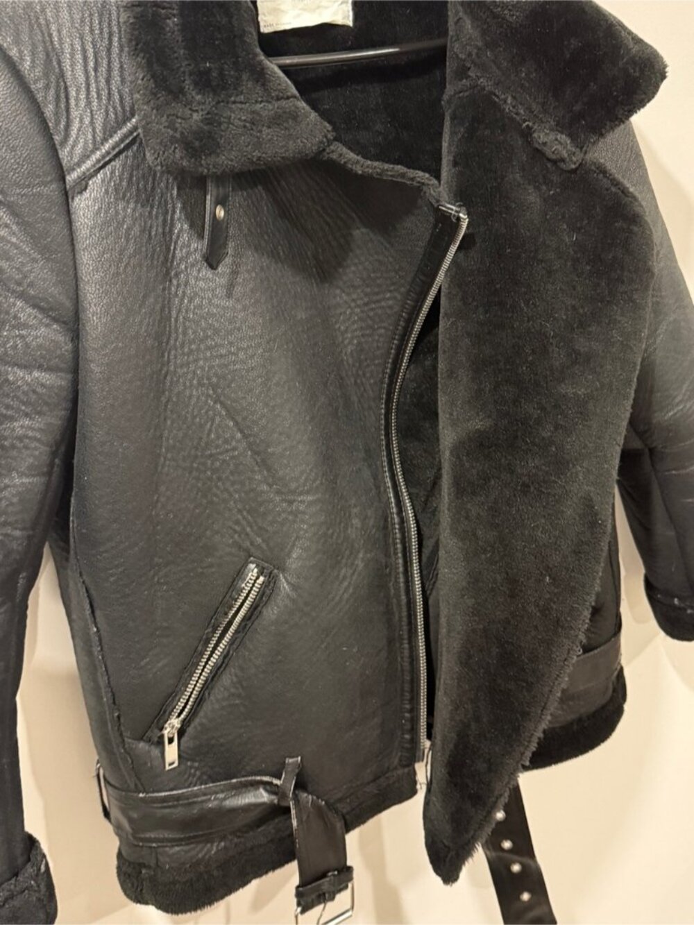 Zara Woman Size L Black Faux Shearling Aviator Jacket - Picture 4 of 11